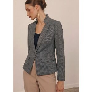 NWT WHBM Women's Gray Tweed Tailored One Button Blazer Sz 2 w/ Navy Accents